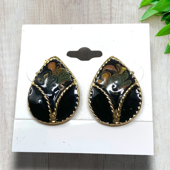 Vintage 1980s Black Swirl Enamel Gold Tone Pierced Earrings Teardrop Modernist - Picture 5 of 5